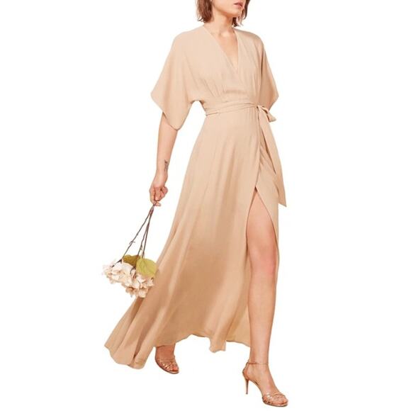 Reformation Wooster/Winslow Dress buff champagne flutter sleeve wrap size medium - Picture 7 of 16